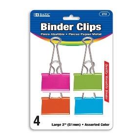 BAZIC Large 2" (51mm) Assorted Color Binder Clip (4/Pack) -CAJA 24