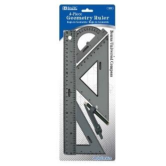 BAZIC 4-Piece Geometry Ruler Combination Sets w/ Compass -CAJA 24