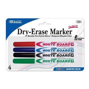 BAZIC Assorted Colors Fine Tip Dry-Erase Markers (4/Pack) -CAJA 24