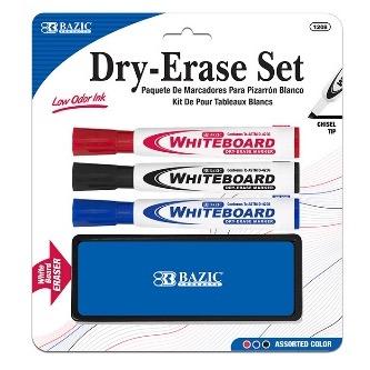 BAZIC 3 Assorted Colors Chisel Tip Dry-Erase Markers w/ Eraser -CAJA 24