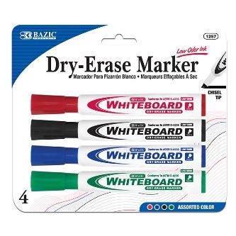 BAZIC Assorted Colors Chisel Tip Dry-Erase Markers (4/Pack) -CAJA 24