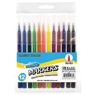BAZIC 12 Classic Colors Fine Line Washable Markers -CAJA 24
