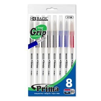 BAZIC Prima Assorted Color Stick Pen w/ Cushion Grip (8/Pack) -CAJA 24