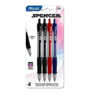 BAZIC Spencer Asst. Color Retractable Pen w/ Cushion Grip (4/Pack) -CAJA 24