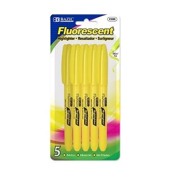 BAZIC Yellow Pen Style Fluorescent Highlighter w/ Pocket Clip (5/Pack) -CAJA 24