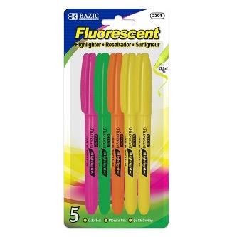 BAZIC Pen Style Fluorescent Highlighter w/ Pocket Clip (5/Pack) -CAJA 24