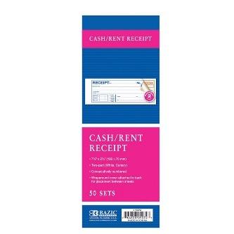 BAZIC 50 Sets 7 1/2 x 2 3/4 2-Part Carbonless Cash or Rent Receipt Book -CAJA 24