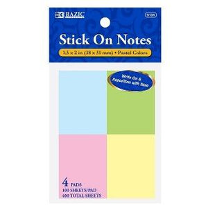 BAZIC 100 Ct. 1.5" X 2" Stick On Notes (4/Pack) -CAJA 24